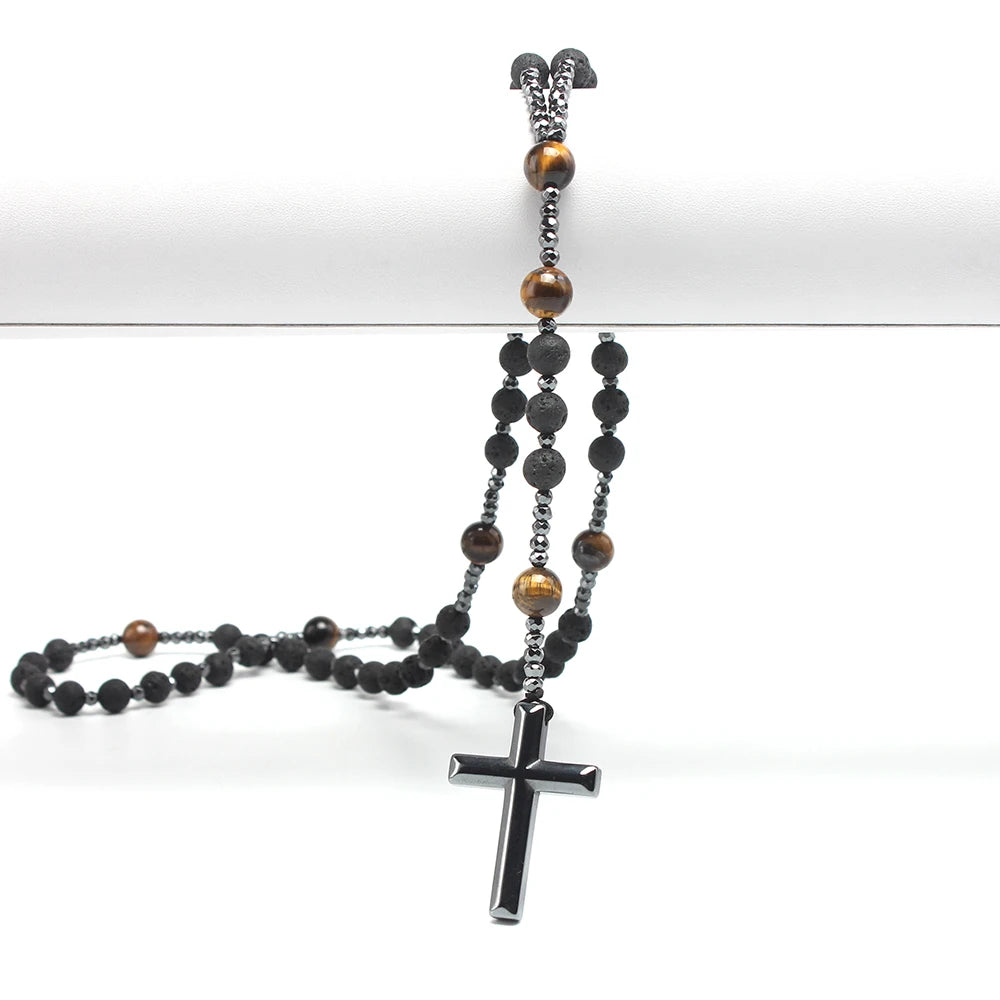 Natural Lava Stone Tiger-eye Hematite Cross /pendiente collar Rosario joya de lujo para hombres