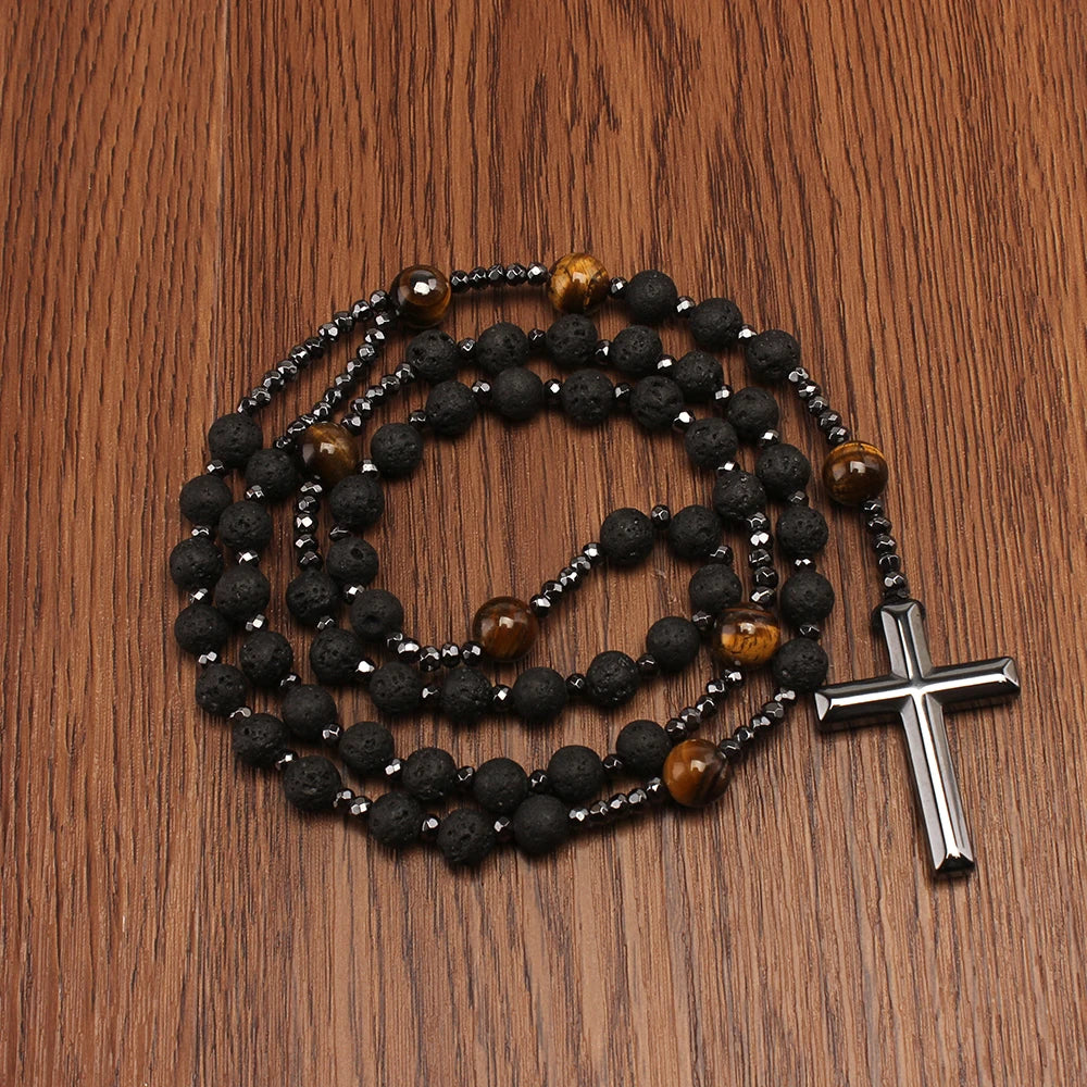 Natural Lava Stone Tiger-eye Hematite Cross /pendiente collar Rosario joya de lujo para hombres