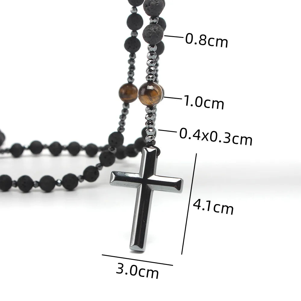 Natural Lava Stone Tiger-eye Hematite Cross /pendiente collar Rosario joya de lujo para hombres