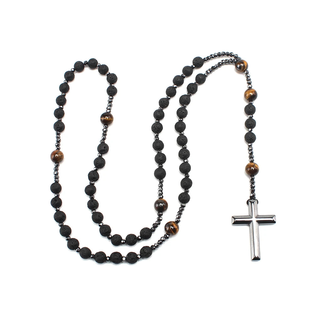 Natural Lava Stone Tiger-eye Hematite Cross /pendiente collar Rosario joya de lujo para hombres