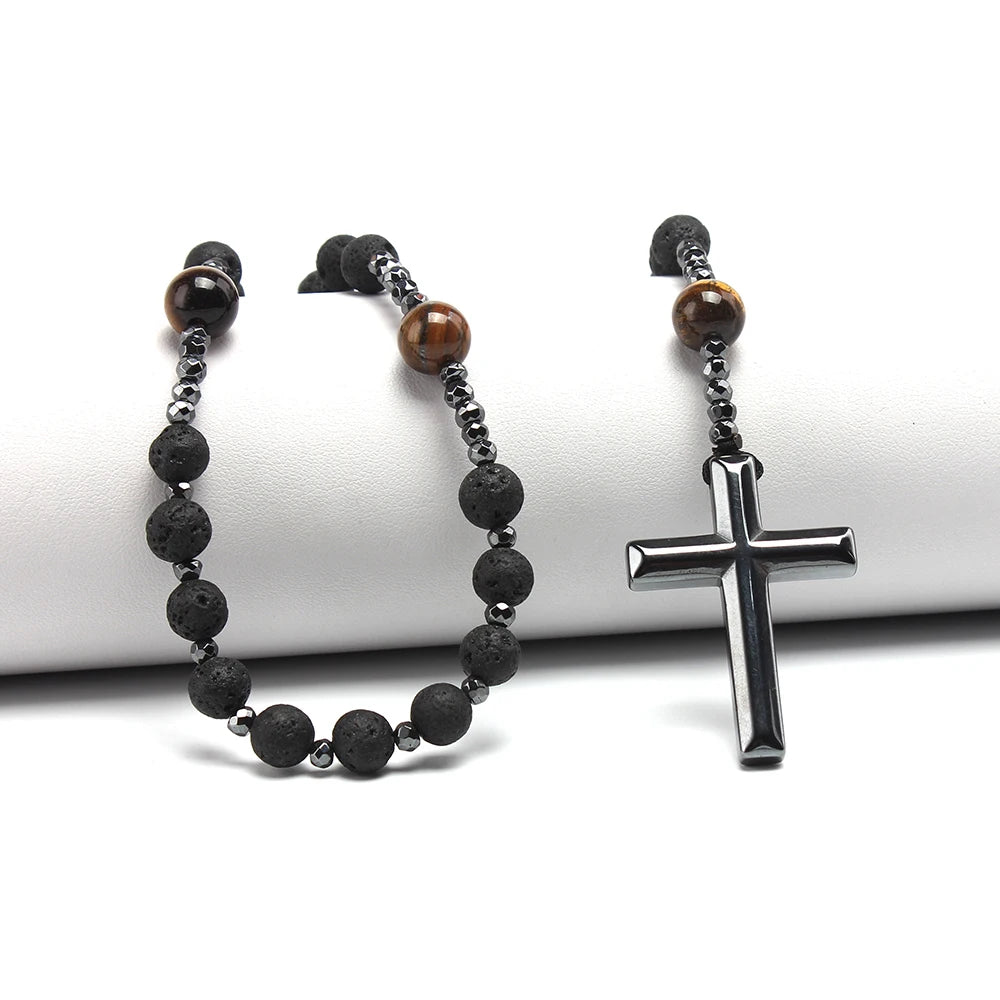 Natural Lava Stone Tiger-eye Hematite Cross /pendiente collar Rosario joya de lujo para hombres