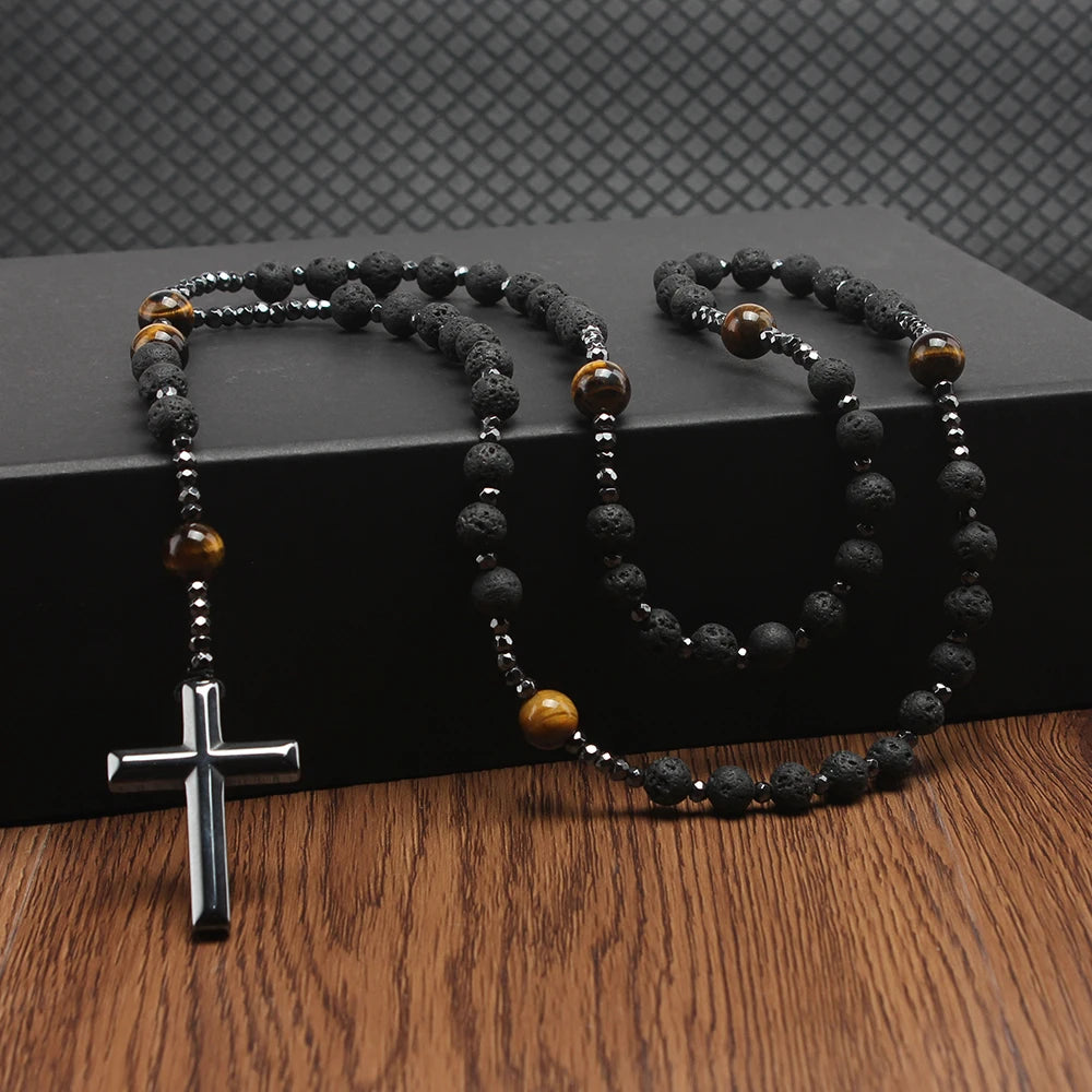 Natural Lava Stone Tiger-eye Hematite Cross /pendiente collar Rosario joya de lujo para hombres
