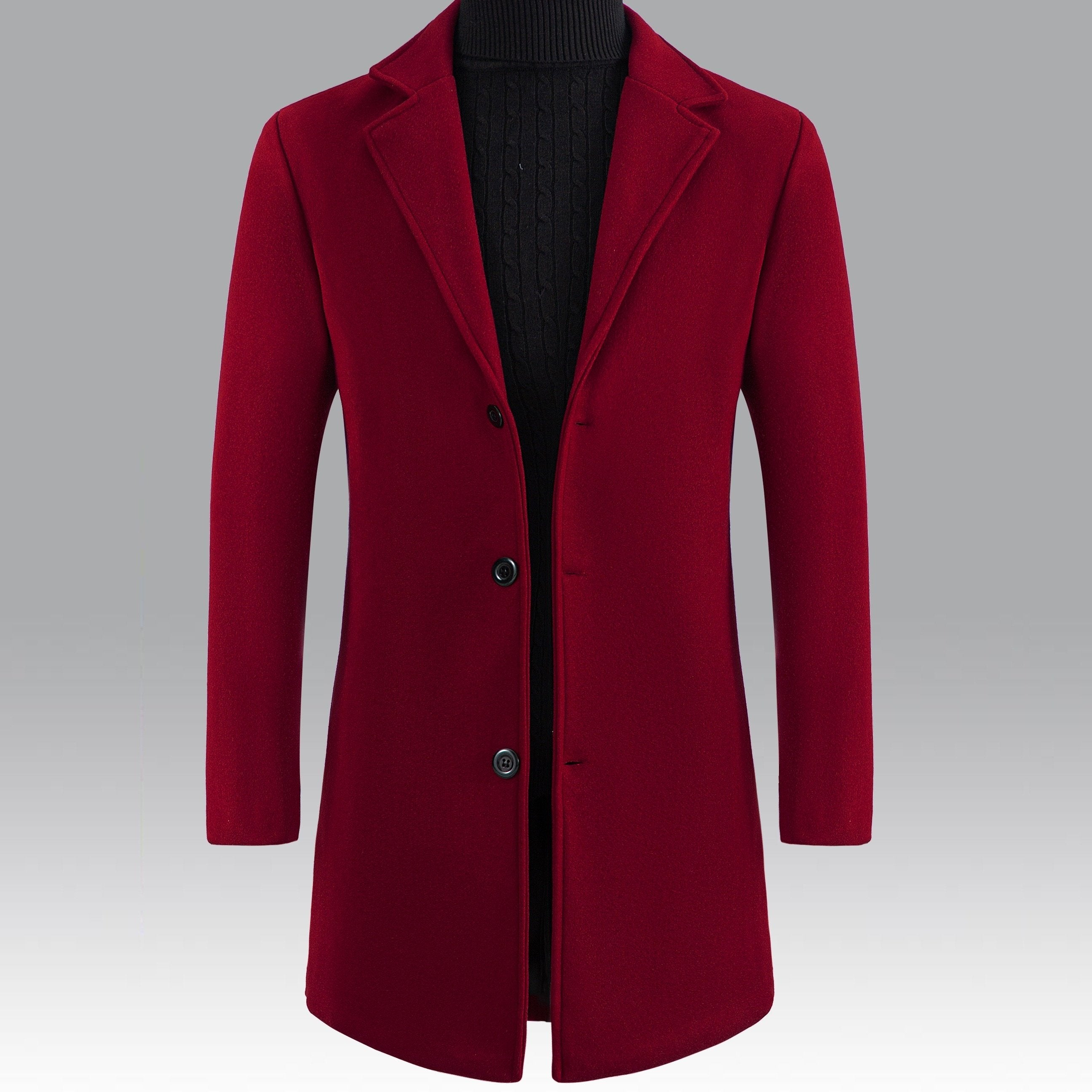 Men'S Slim-Fit Long Solid Color Single-Breasted Trench Coat - Winter Windbreaker with Notch Lapel, Long Sleeves, and Button Front, Polyester Lining, Perfect for Casual or Formal Occasions, Winter Outerwear | Notch Lapel Coat