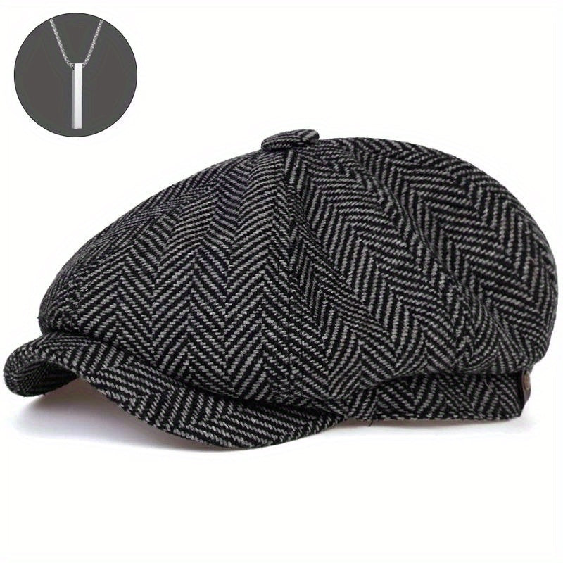 2-Pack One Hat Plus One Necklace Men'S Newsboy Cap Tweed Gatsby Hat Ivy Cabbie Flat Top Golf Cap for Father Women Unisex
