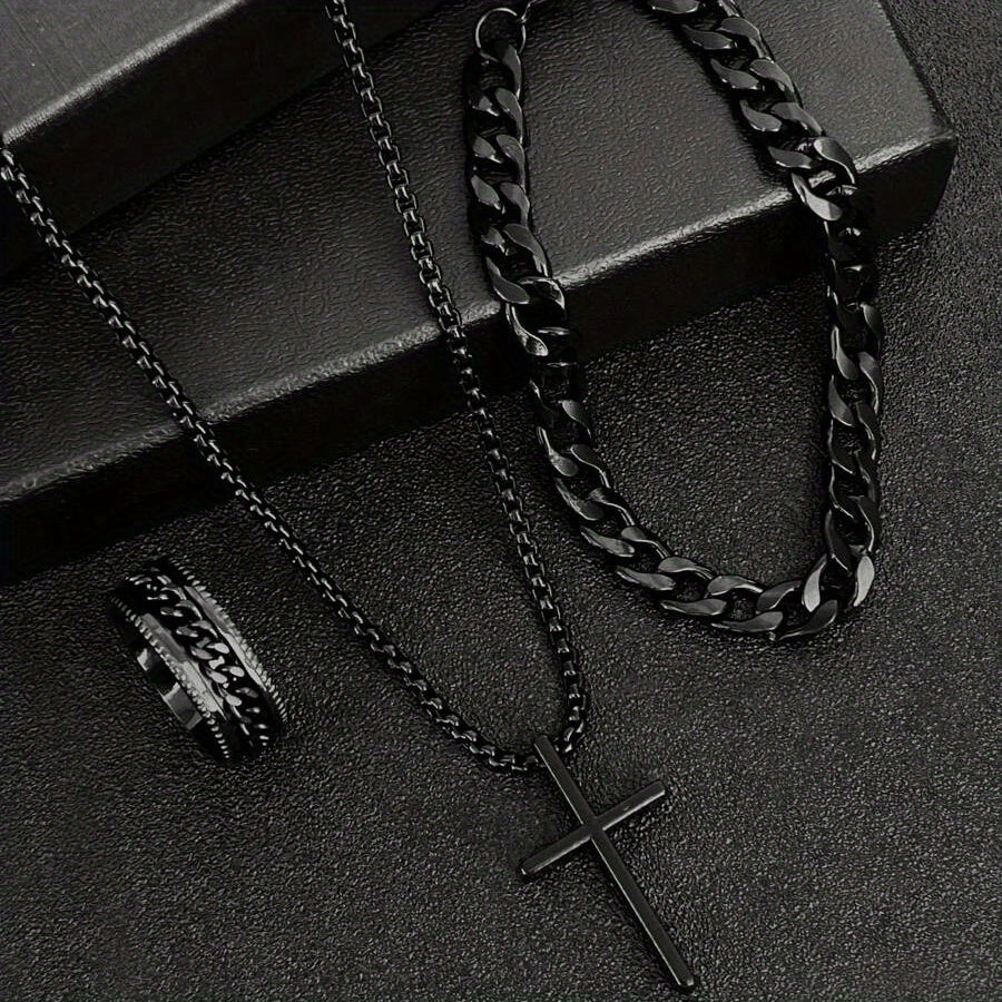 Un conjunto de joyería para hombres de estilo hip-hop de tres piezas
 que incluye un collar con cruz negra, pulsera y anillo, es la elección perfecta para regalos diarios y en vacaciones. Joyería hip-hop para hombres, joye