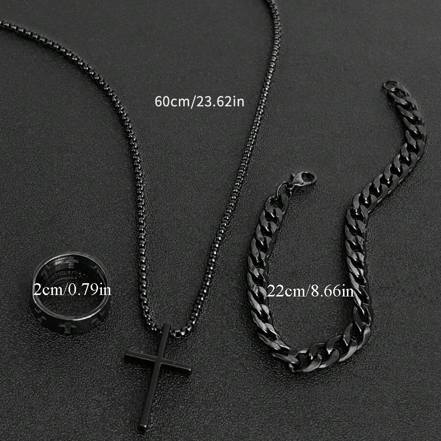 Un conjunto de joyería para hombres de estilo hip-hop de tres piezas
 que incluye un collar con cruz negra, pulsera y anillo, es la elección perfecta para regalos diarios y en vacaciones. Joyería hip-hop para hombres, joye