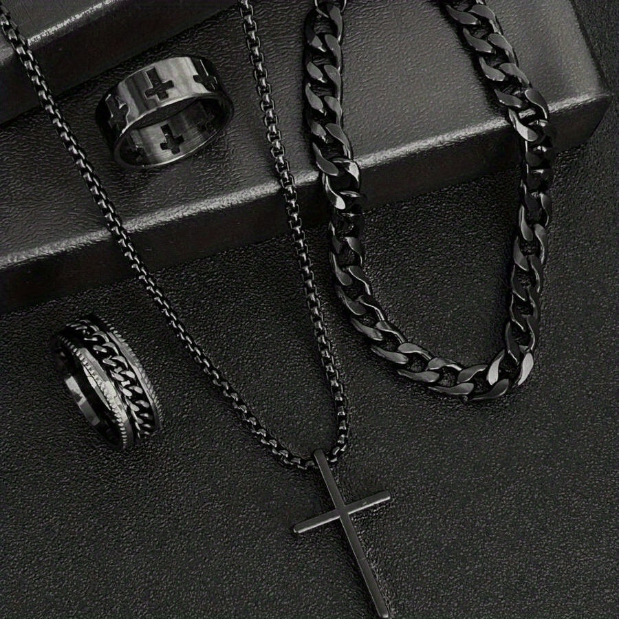 Un conjunto de joyería para hombres de estilo hip-hop de tres piezas
 que incluye un collar con cruz negra, pulsera y anillo, es la elección perfecta para regalos diarios y en vacaciones. Joyería hip-hop para hombres, joye