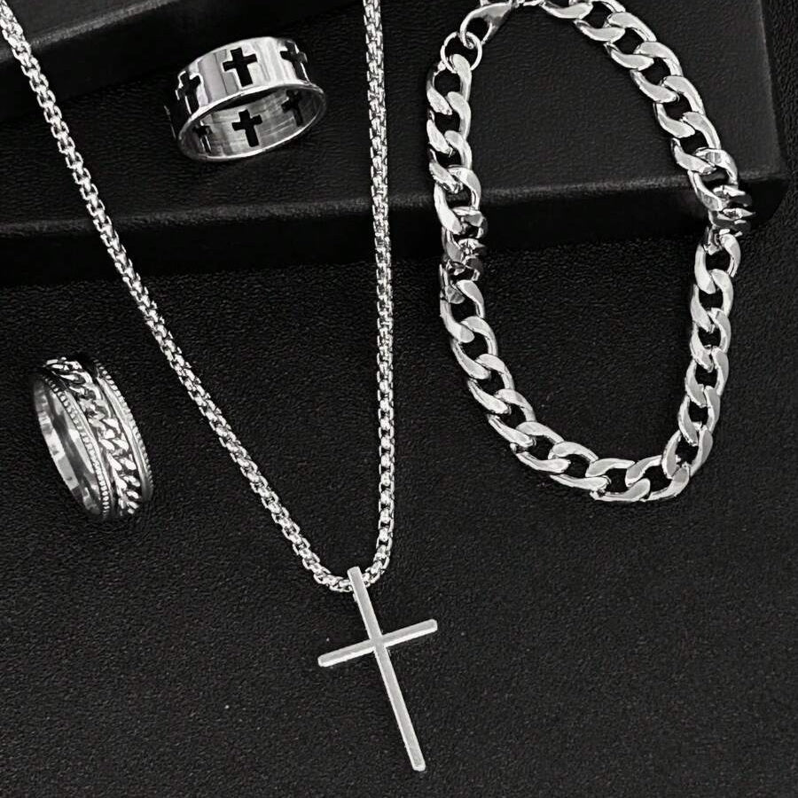 Un conjunto de joyería para hombres de estilo hip-hop de tres piezas
 que incluye un collar con cruz negra, pulsera y anillo, es la elección perfecta para regalos diarios y en vacaciones. Joyería hip-hop para hombres, joye