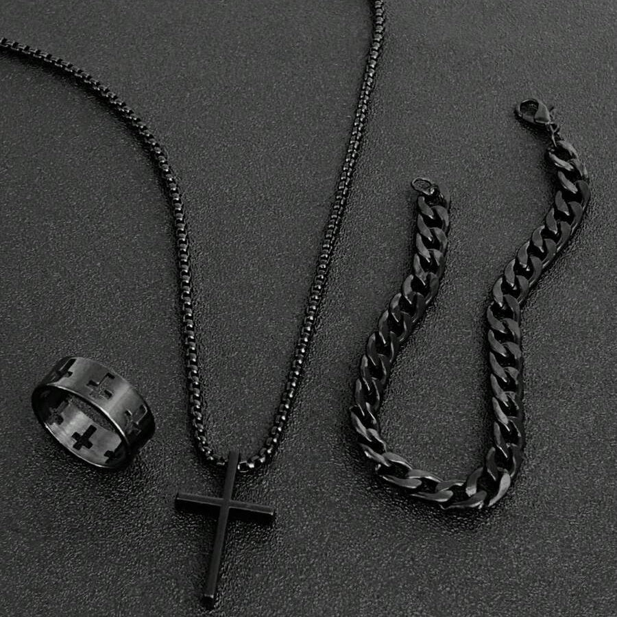 Un conjunto de joyería para hombres de estilo hip-hop de tres piezas
 que incluye un collar con cruz negra, pulsera y anillo, es la elección perfecta para regalos diarios y en vacaciones. Joyería hip-hop para hombres, joye