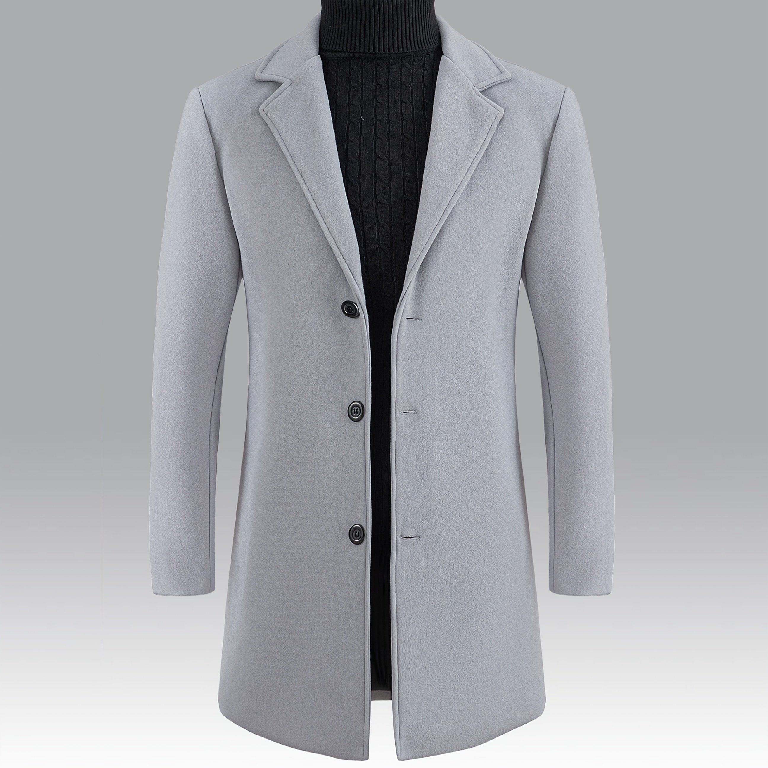 Men'S Slim-Fit Long Solid Color Single-Breasted Trench Coat - Winter Windbreaker with Notch Lapel, Long Sleeves, and Button Front, Polyester Lining, Perfect for Casual or Formal Occasions, Winter Outerwear | Notch Lapel Coat