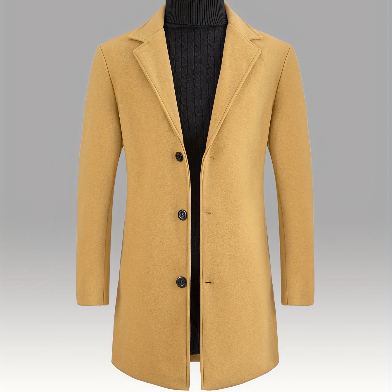 Men'S Slim-Fit Long Solid Color Single-Breasted Trench Coat - Winter Windbreaker with Notch Lapel, Long Sleeves, and Button Front, Polyester Lining, Perfect for Casual or Formal Occasions, Winter Outerwear | Notch Lapel Coat